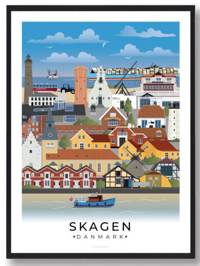 En elegant byplakat, der fremhæver Skagens vartegn, indrammet af en klassisk hvid kant.