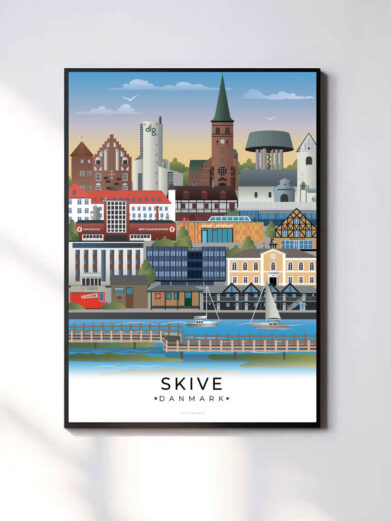 Moderne og minimalistisk byplakat med Skives unikke vartegn. En stilfuld tilføjelse til hjemmet.