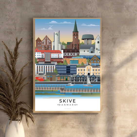 En smuk og detaljeret plakat, hvor Skives vartegn forenes i et harmonisk motiv.
