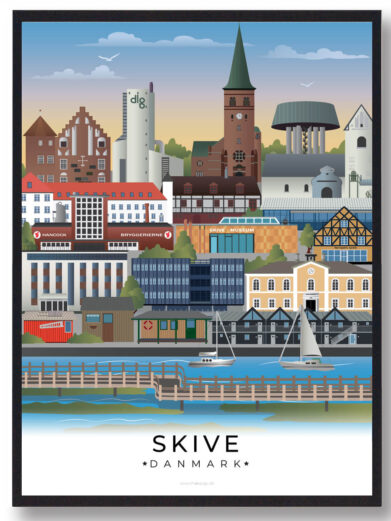 En stilren byplakat, der indfanger Skives mest ikoniske vartegn. Perfekt til enhver, der holder af byen.