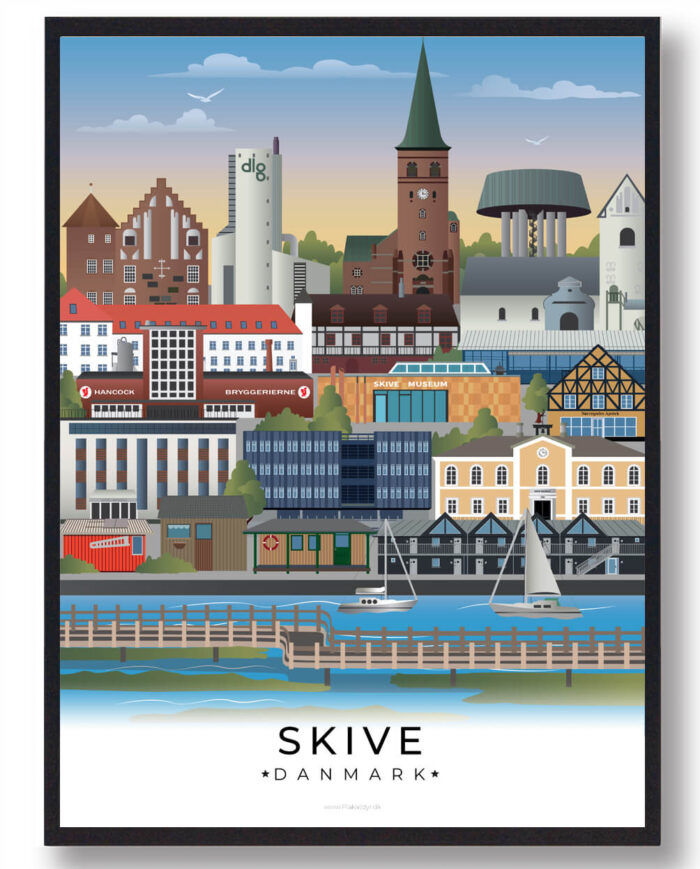 En stilren byplakat, der indfanger Skives mest ikoniske vartegn. Perfekt til enhver, der holder af byen.