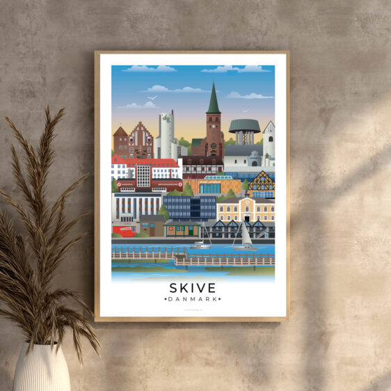 En grafisk flot byplakat med Skives vartegn og en elegant hvid kant, der skaber en flot ramme om motivet.
