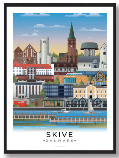 En elegant byplakat, der fremhæver Skives vartegn, indrammet af en klassisk hvid kant.