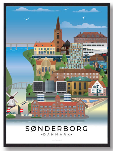 En stilren byplakat, der indfanger Sønderborgs mest ikoniske vartegn. Perfekt til enhver, der holder af byen.