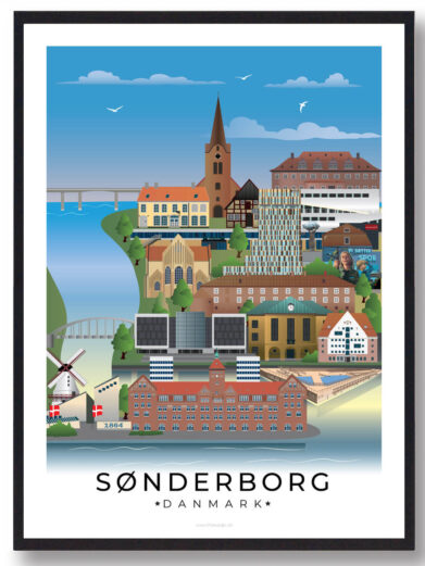 En elegant byplakat, der fremhæver Sønderborgs vartegn, indrammet af en klassisk hvid kant.