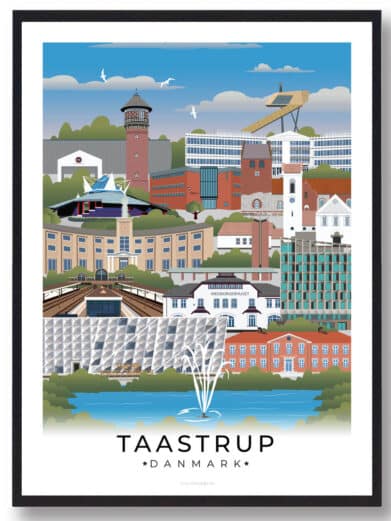 En elegant byplakat, der fremhæver Taastrups vartegn, indrammet af en klassisk hvid kant.