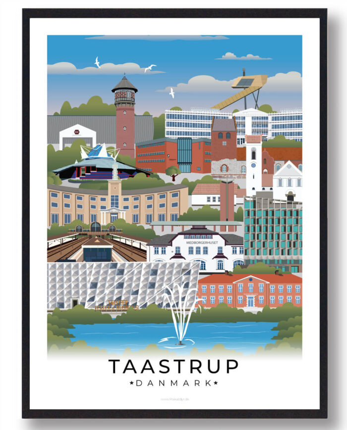 En elegant byplakat, der fremhæver Taastrups vartegn, indrammet af en klassisk hvid kant.