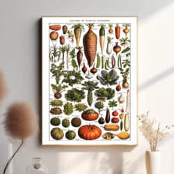 Denne vintage-plakat af Adolphe Millot viser en vidunderlig samling af grøntsager og køkkenurter, illustreret med stor præcision og naturlige farver. Perfekt til køkkenet eller som inspiration for haveentusiaster. Hver plante er gengivet med videnskabelig nøjagtighed, hvilket gør plakaten både dekorativ og lærerig.