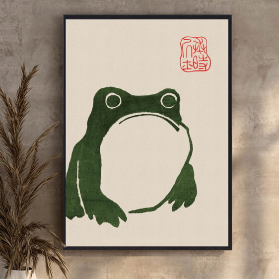 En imponerende plakat, der fanger en stor grøn frø i sin naturlige habitat. Matsumoto Hojis kunst fremhæver frøens detaljerede, livlige grønne farve, hvilket skaber en følelse af naturens kraft og skønhed i denne stille scene.