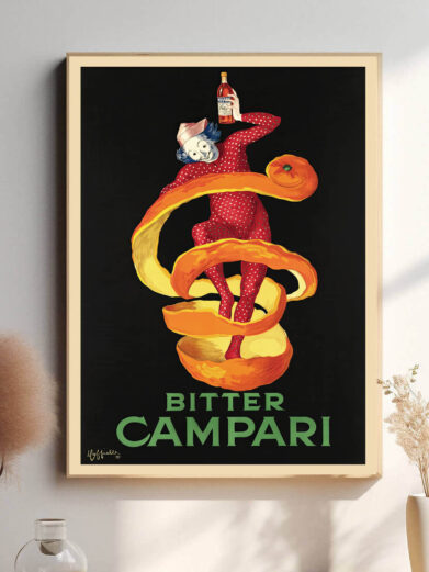 "Bitter Campari" fanger følelsen af den skarpe, bittersøde smag gennem en dyb rød farve og dynamiske mønstre, der giver værket energi og bevægelse.