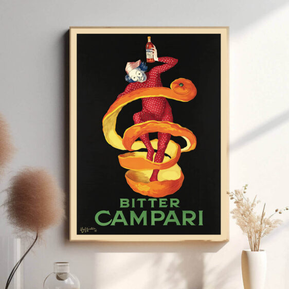 "Bitter Campari" fanger følelsen af den skarpe, bittersøde smag gennem en dyb rød farve og dynamiske mønstre, der giver værket energi og bevægelse.