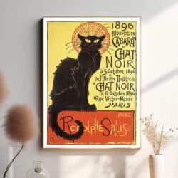 Théophile-Alexandre Steinlen kunstplakat, der afbilleder en sort kat, der sidder på en orange kant.