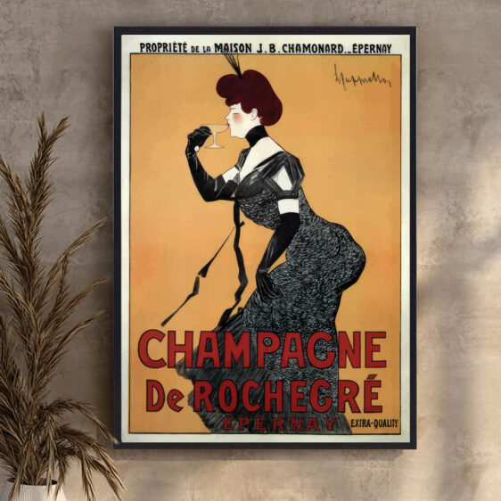 En tidløs plakat med et klassisk design, der hylder fransk champagnekultur. De gyldne nuancer og sofistikerede detaljer skaber en eksklusiv atmosfære.