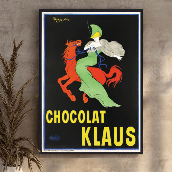 En elegant vintage-plakat, der fanger den rige og luksuriøse smag af Chocolat Klaus. Den varme farvepalet og detaljerne skaber en indbydende og uimodståelig atmosfære.