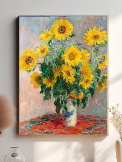 De solrige nuancer i solsikkerne skaber en følelse af varme og energi, hvor blomsternes kronblade virker som lys, der stråler ud i rummet. Monet bruger stærke farver og lysrefleksioner for at give blomsterne en næsten levende, vibrerende kvalitet.
