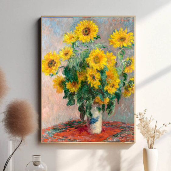 De solrige nuancer i solsikkerne skaber en følelse af varme og energi, hvor blomsternes kronblade virker som lys, der stråler ud i rummet. Monet bruger stærke farver og lysrefleksioner for at give blomsterne en næsten levende, vibrerende kvalitet.