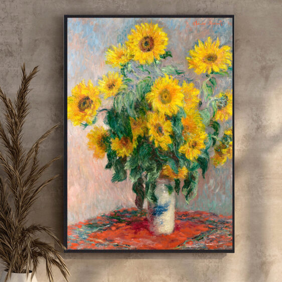 Bouquet of Sunflowers fanger de solrige blomster i en livlig sammensætning af gule og orange nuancer. Monet fremhæver blomsterne med sin karakteristiske impressionistiske stil, hvor farver og lys træder frem i stedet for detaljer.