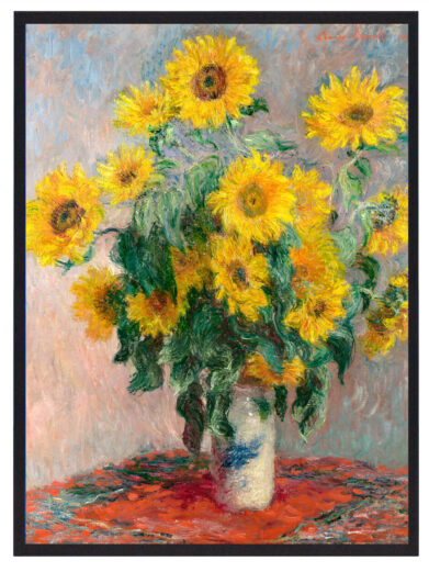 Blomsterne er malet med stor energi og frihed, hvilket giver en følelse af sommerens intensitet og livskraft. Monets maleteknik giver et flygtigt billede af solsikkerne, som om de er i konstant bevægelse under solens stråler.