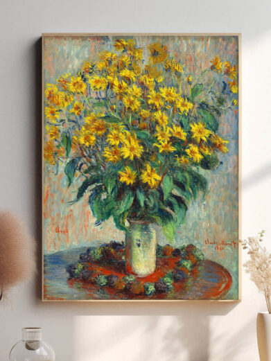 Blomsterne er malet med stor opmærksomhed på lysets legende spil på deres kronblade, der reflekterer naturens livlige energi. Den frodige baggrund og de rige grønne nuancer skaber en harmonisk kontrast til de lysende blomster.