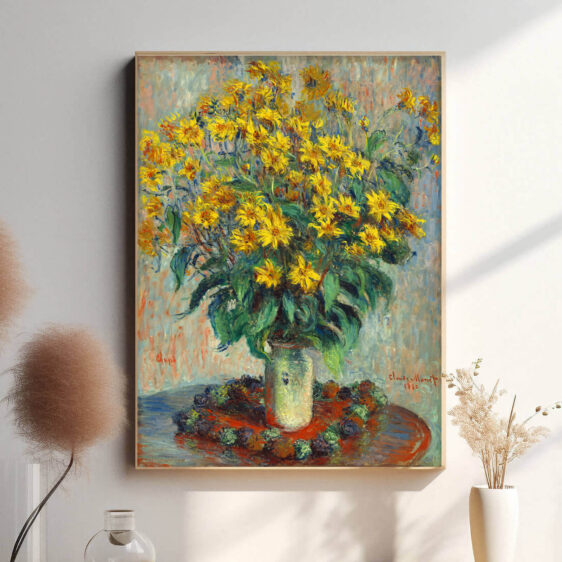 Blomsterne er malet med stor opmærksomhed på lysets legende spil på deres kronblade, der reflekterer naturens livlige energi. Den frodige baggrund og de rige grønne nuancer skaber en harmonisk kontrast til de lysende blomster.
