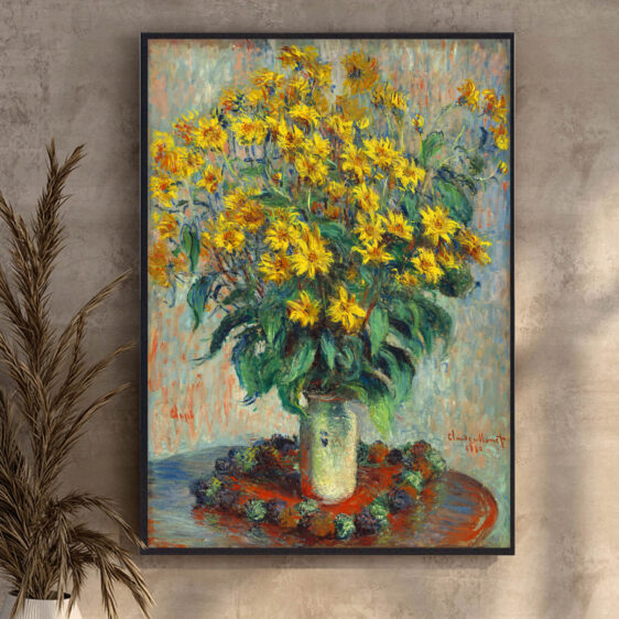 Jerusalem Artichoke Flowers fanger den livlige energi i blomsterne, hvor den gule og orange farvepalet bringer en følelse af varme og solskin. Monet bruger hurtigt malede penselstrøg, der giver blomsterne en næsten vibrerende kvalitet, som om de er i konstant bevægelse.