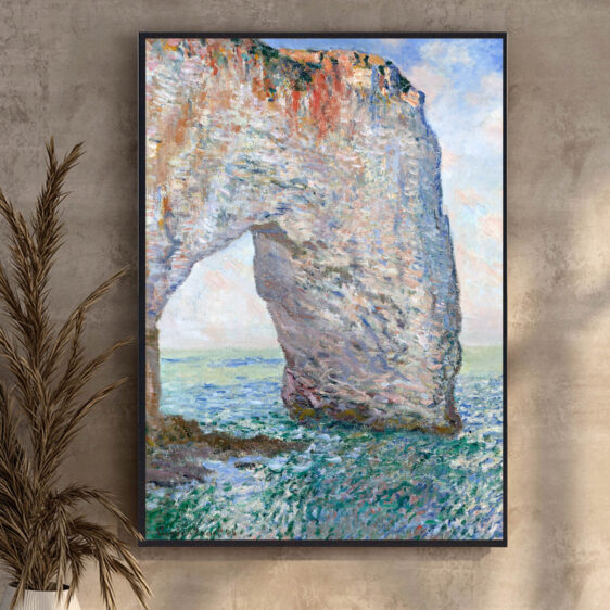 The Manneporte af Claude Monet skildrer den imponerende klippeformation ved Étretat, hvor havets bølger møder den dramatiske kyst. De kraftige, men bløde penselstrøg fanger lysets spil på klipperne og havets evige bevægelse.