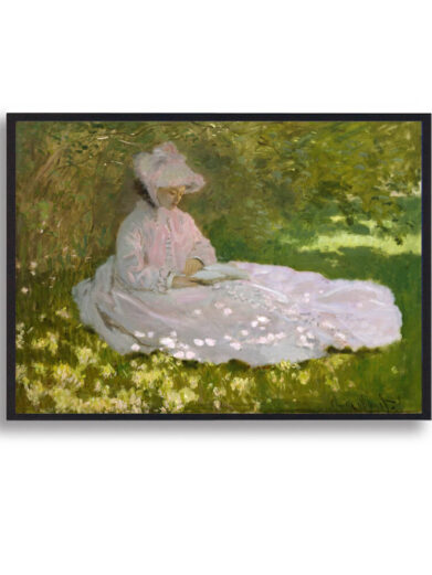 Maleriet indfanger et øjeblik af fordybelse, hvor verden omkring synes at forsvinde. Monet skaber en poetisk og drømmende atmosfære, hvor læsning bliver en portal til en anden virkelighed.