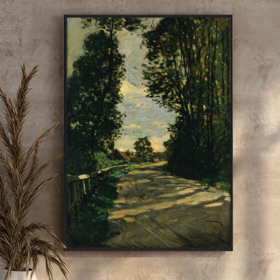 Walk, Road of the Farm Saint-Siméon af Claude Monet skildrer en fredfyldt landvej omgivet af frodig natur. De bløde impressionistiske penselstrøg fanger vejens organiske kurver og det varme sollys, der filtrerer gennem træernes løv.