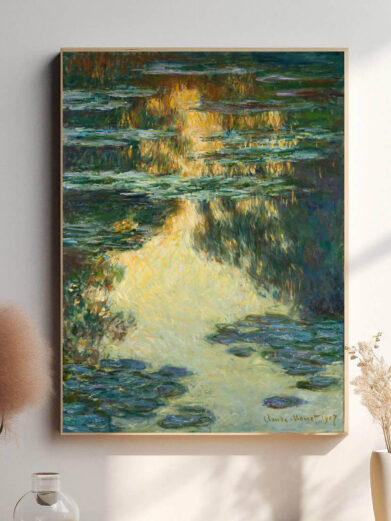 Water Lilies fanger et øjeblik af naturens ro, hvor åkanderne flyder på vandet og reflekterer lys og skygge. Monets subtile brug af farver og lys skaber en illusion af dybde og bevægelse, som om hele scenen er i konstant forandring.