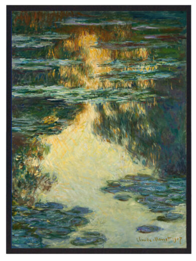 Åkanderne og det spejlende vand er ikke blot et motiv, men en meditation over lys og refleksion. Monets penselstrøg er løse og vibrerende, hvilket skaber en nærmest abstrakt følelse, hvor detaljer opløses i farverne.