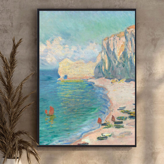 Étretat, The Beach viser den ikoniske kystby Étretat med sine dramatiske klipper og den rolige strand, hvor lyset danser på vandet. De bløde pastelfarver og den flydende penselføring skaber en følelse af både bevægelse og fred.