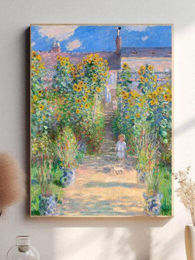 Monet formår at indfange både haven og landskabets brede udsigt, hvor den vilde natur og menneskets håndværk smelter sammen. Penselstrøgene er levende og dynamiske, hvilket skaber et realistisk billede af naturens konstante forandring.