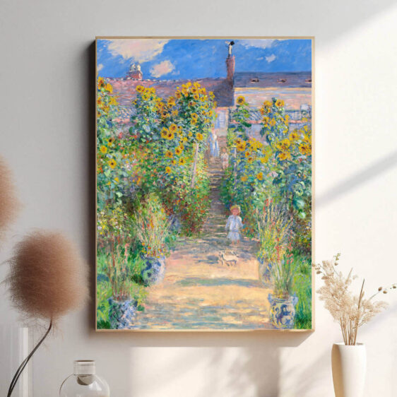 Monet formår at indfange både haven og landskabets brede udsigt, hvor den vilde natur og menneskets håndværk smelter sammen. Penselstrøgene er levende og dynamiske, hvilket skaber et realistisk billede af naturens konstante forandring.