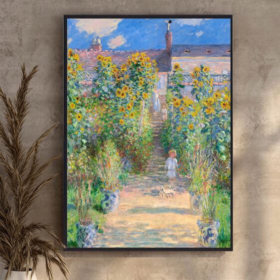Garden at Vetheuil skildrer Monets have i det fredelige landskab ved Vetheuil, hvor lyset spiller på blomsterne og buskene. De varme nuancer af gul, grøn og pink skaber en følelse af liv og vækst i et harmonisk og naturligt rum.