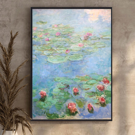 Water Lilies er en hypnotisk skildring af lys og farve, hvor vandets spejling og åkandernes bløde former smelter sammen. Monet bruger subtile nuancer af blå, lilla og grøn for at skabe en næsten meditativ ro.