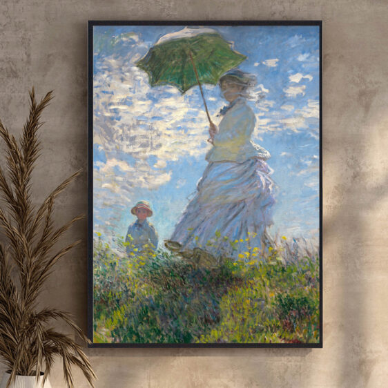 Woman with a Parasol viser en kvinde fanget i et øjebliks bevægelse, badet i sollys og blid sommerbrise. Monets lette penselstrøg og lyse farver skaber en næsten drømmende atmosfære.