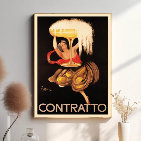 Leonetto Cappiello kunst plakat i form af en dame, der holder et stort champagneglas, som er ved at flyde over
