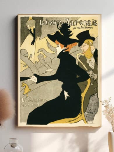 En stilfuld og stemningsfuld vintage-plakat med kabaretlivets charme. Et kunstnerisk indblik i Paris’ natteliv.