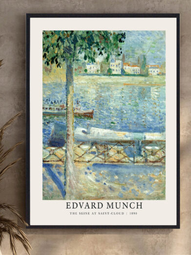 Plakaten skildrer Munchs The Seine at Saint-Cloud, hvor flodens rolige vande og landskabets bløde linjer virker fredfyldte, men der er stadig en underliggende følelse af melankoli. Munchs evne til at kombinere naturens skønhed med et følelsesmæssigt, næsten dystert landskab gør denne plakat til en stærk udtryk for kunstnerens syn på livet og naturens dualitet.