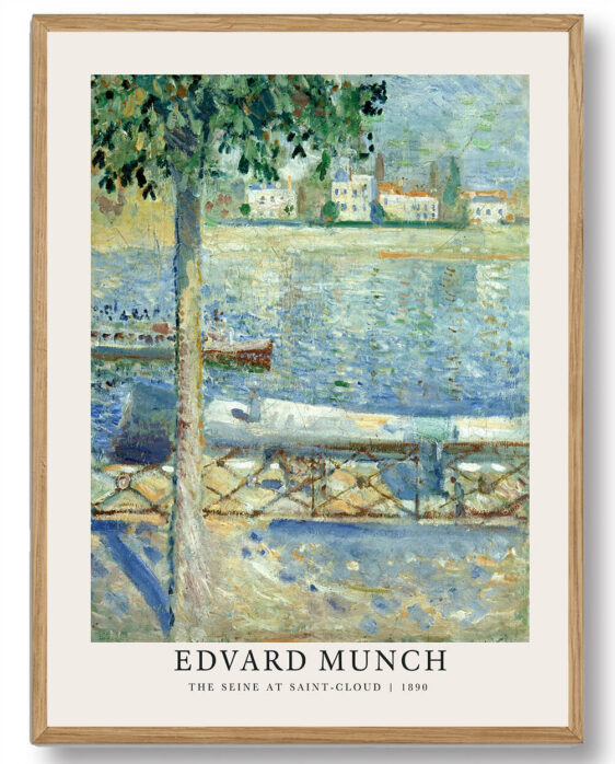 I denne plakat ser vi Munchs The Seine at Saint-Cloud, hvor han fanger flodens bevægelighed og landskabets skønhed. Munch bruger farver og lys til at frembringe en følelse af både fred og isolation, hvilket gør plakaten til et typisk eksempel på hans ekspressionistiske tilgang til naturen og menneskelige følelser.