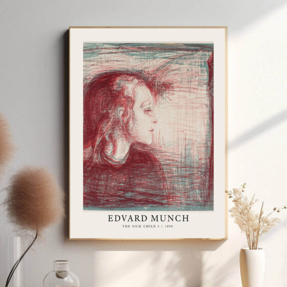 Denne plakat skildrer Edvard Munchs rørende maleri The Sick Child, der portrætterer en ung pige, der lider af sygdom. Med sin karakteristiske ekspressionistiske stil fanger Munch både den fysiske og følelsesmæssige smerte i scenen, hvilket giver plakaten en dyb og melankolsk atmosfære. Et stærkt udtryk for sorg, tab og den menneskelige sårbarhed.