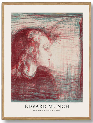 Denne plakat fanger den følelsesmæssige dybde i Edvard Munchs The Sick Child. Gennem sine karakteristiske ekspressionistiske træk formår Munch at fremkalde en stærk følelse af tab og sorg, mens han skildrer en sygt barn og den smerte, både barnet og de pårørende oplever. Plakaten viser, hvordan Munch anvender kunst til at bearbejde de mørkere sider af livet.