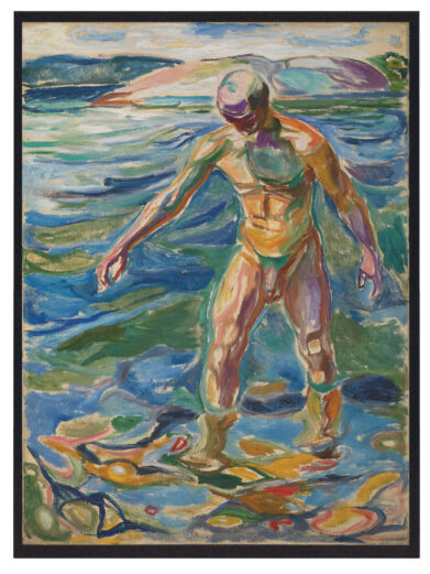 Bathing Man skildrer en nøgen mand, stående ved vandkanten i en rå og minimalistisk komposition. Hans kraftige kropsbygning og afslappede positur understreger en forbindelse mellem mennesket og naturen.