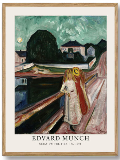 Med blide, impressionistiske strøg viser Munch en gruppe unge piger, der står ved vandets kant. Deres hvide kjoler lyser op mod det blå hav, men stemningen er drømmende, næsten melankolsk. Det er et billede af ungdommen, fanget i et kort øjeblik før livets forandringer uundgåeligt sætter ind.