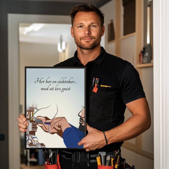 Elektrikerplakat med billede af hans fag hvor der står "Her bor en elektriker med sit livs gnist"