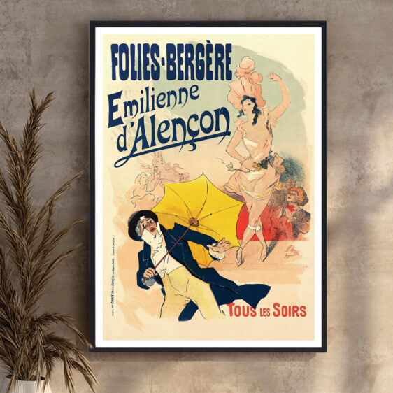 En livlig plakat, der fanger stemningen fra Folies Bergère i Alençon. Farverige detaljer og klassisk typografi giver et autentisk retro-look.