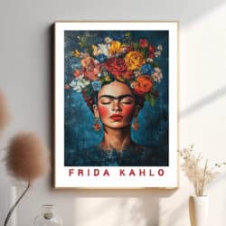 Denne plakat fanger Frida Kahlo i hendes karakteristiske stil, hvor intense farver og dyb symbolik mødes. Hendes portræt udstråler både styrke og sårbarhed, og plakaten er et visuelt vidnesbyrd om hendes personlige rejse og kunstneriske vision. Kahlos evne til at udtrykke sine dybeste følelser gennem kunsten gør denne plakat til en hyldest til hendes uforlignelige talent.