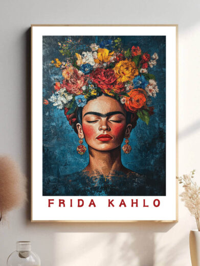 Denne plakat fanger Frida Kahlo i hendes karakteristiske stil, hvor intense farver og dyb symbolik mødes. Hendes portræt udstråler både styrke og sårbarhed, og plakaten er et visuelt vidnesbyrd om hendes personlige rejse og kunstneriske vision. Kahlos evne til at udtrykke sine dybeste følelser gennem kunsten gør denne plakat til en hyldest til hendes uforlignelige talent.