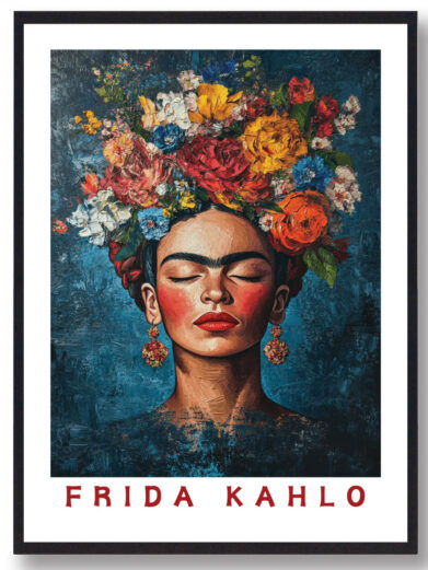 En plakat, der skildrer Frida Kahlo med elementer, der symboliserer både hendes styrke og hendes sårbarhed. Hun er omgivet af farverige blomster og et stærkt blik, som understreger hendes livskraft, samtidig med at hendes portræt også afspejler den indre smerte, hun gennemgik. Plakaten giver et kraftfuldt udtryk for Kahlos dybde og modstandskraft.