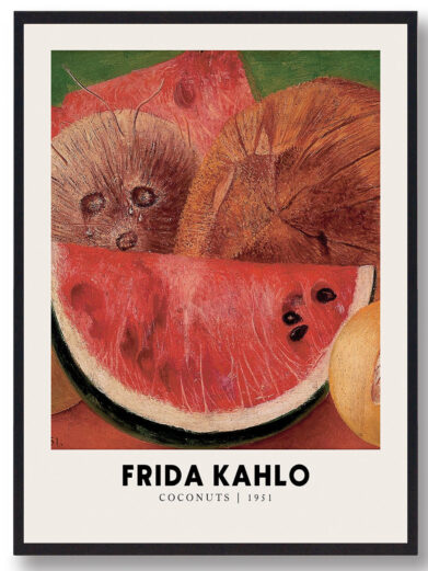 En betagende plakat af Frida Kahlo, hvor kokosnødderne spiller en central rolle. De fungerer som et symbol på hendes forbindelse til naturen og hendes kulturelle rødder. Kahlo bruger disse elementer til at udtrykke livets dualitet – styrken og skrøbeligheden, der konstant er til stede i hendes kunst og liv.